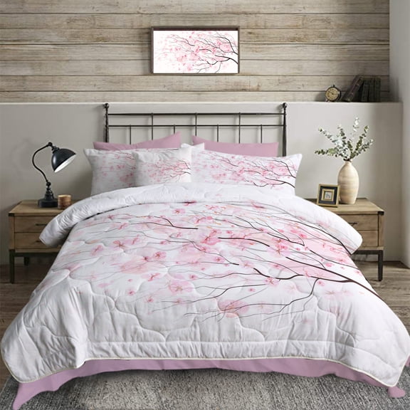 Sleepwish Comforter Set with Sheet 8 Pieces Bed in a Bag Twin Pink Cherry Blossoms Bedding Set White Bed Set