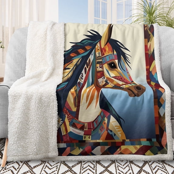 Sleepwish Horse Blanket, Colorful Sherpa Throw Blanket for Couch Sofa Boho Horse Themed Throw Blanket for Decor, 50x60"