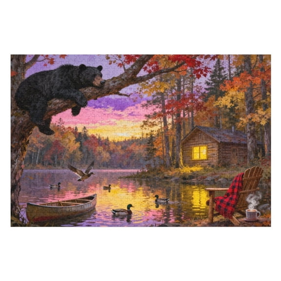Sleepy Bear 1000 Piece Jigsaw Puzzle for Adults, Cozy Forest Night Scene Puzzle, Relaxing Animal Art Puzzle, Fun and Challenging Family Activity, Interlocking Pieces