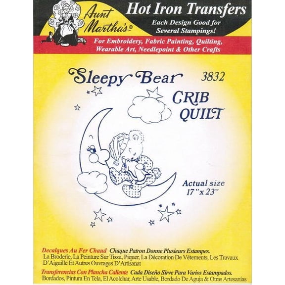 Sleepy Bear Crib Quilt Aunt Martha's Hot Iron Embroidery Transfer
