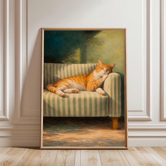 Sleepy Cat Emerald Green Wall Art Poster Cozy Orange Tabby Modern Decor 8x12 UNFRAMED