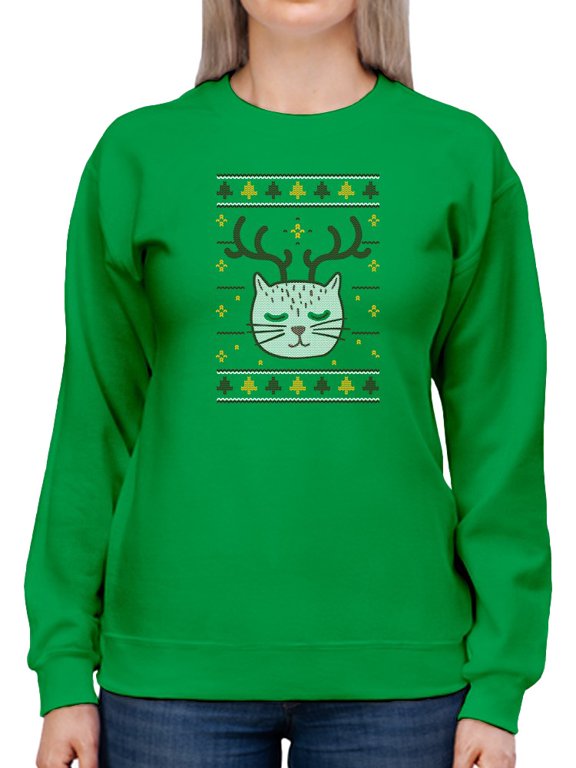 Sleepy Cat Reindeer Women Sweatshirt, Female Large