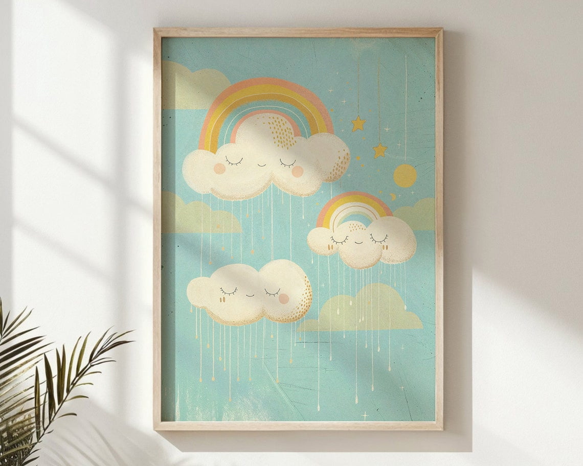 Sleepy Clouds And Rainbow Nursery Wall Art, Kids Room Decor, Stars And ...