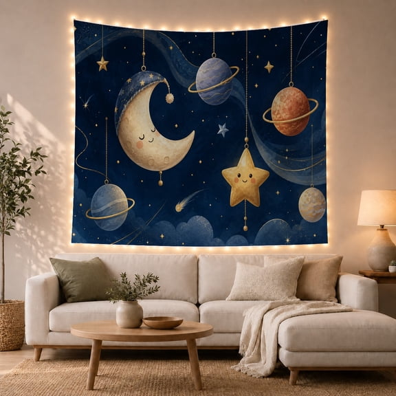 Sleepy Crescent Moon and Star with Ringed Planets in Navy Night Sky, Whimsical Watercolor for Kids, Celestial Nursery Wall Art, Birthday Gift, Tapestry Wall Hanging for Bedroom and Playroom