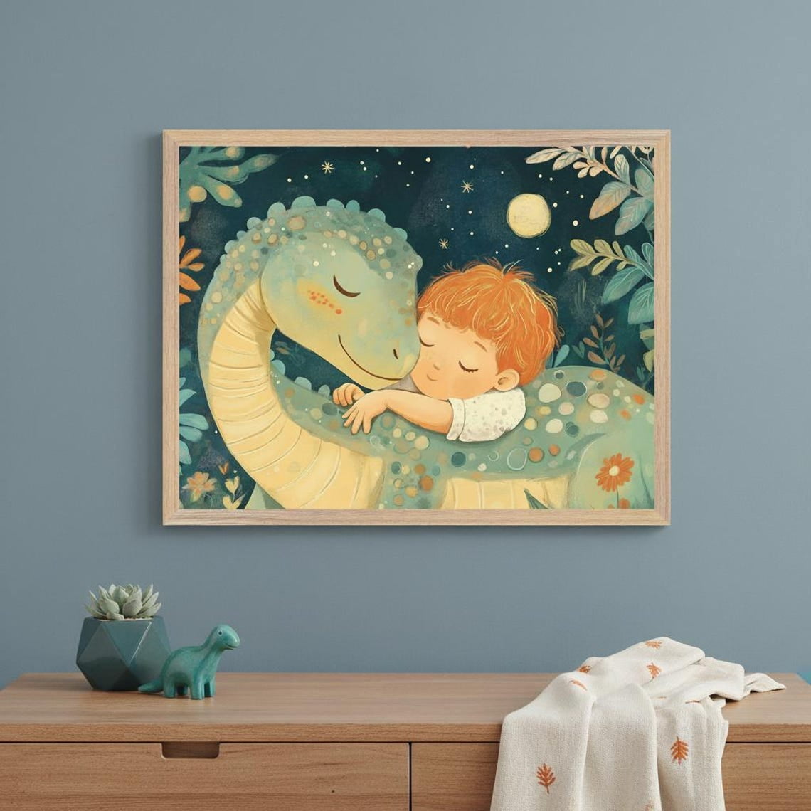 Sleepy Dinosaur Nursery Wall Decor Art Boy And Dino Cuddle Art Unframed Paper Poster 11x14in