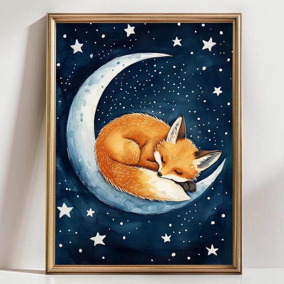 Sleepy Fox Moon Cozy Wall Art Nursery Decor Animal Lover Art Bedroom Decoration