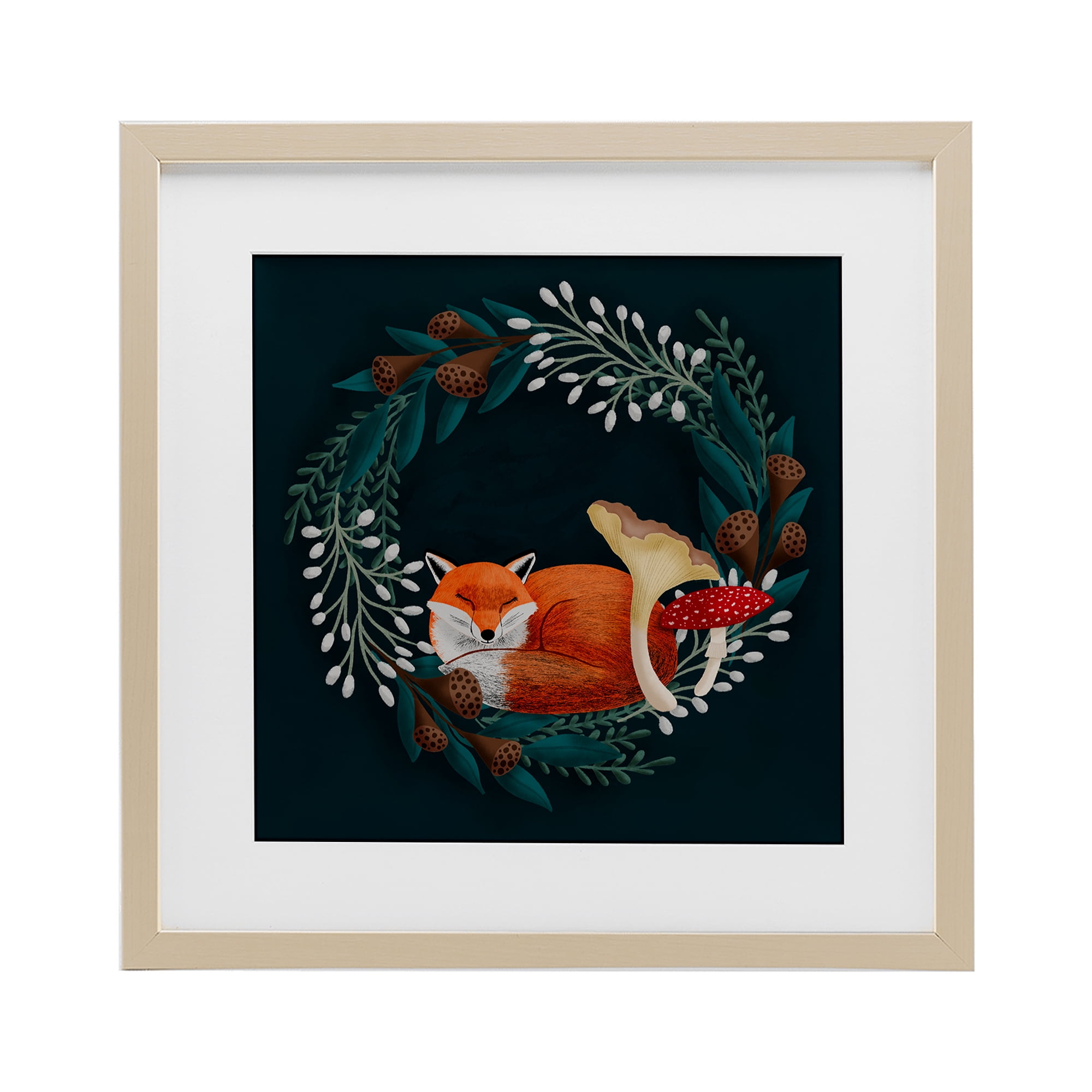 Sleepy Fox in Botanical Wreath Birch Framed Print Under Glass, design by Metka Hiti
