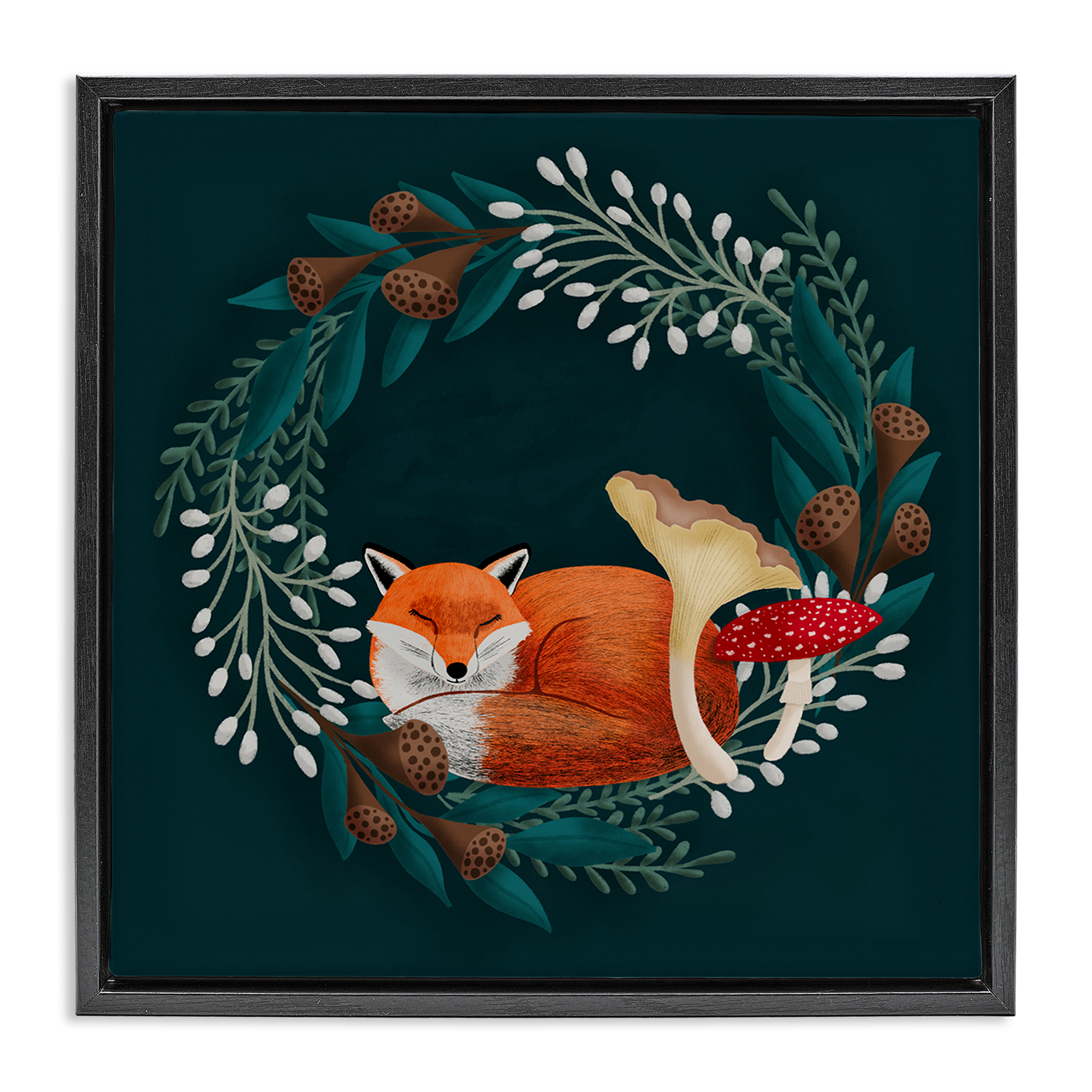 Sleepy Fox in Botanical Wreath Black Framed Floater Canvas Wall Art, design by Metka Hiti