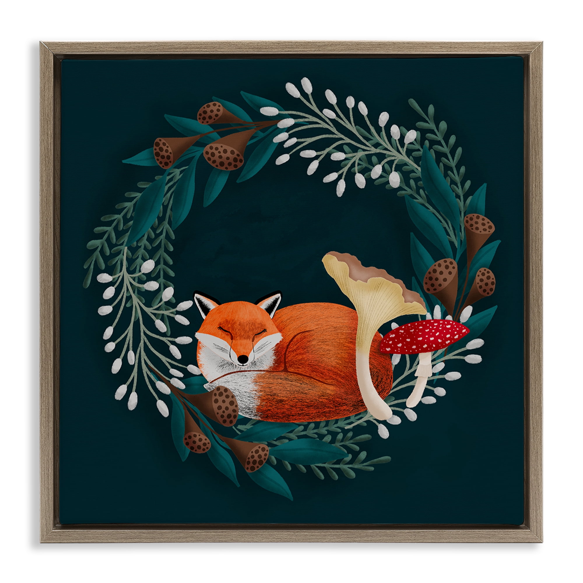 Sleepy Fox in Botanical Wreath Brown Framed Floater Canvas Wall Art, design by Metka Hiti