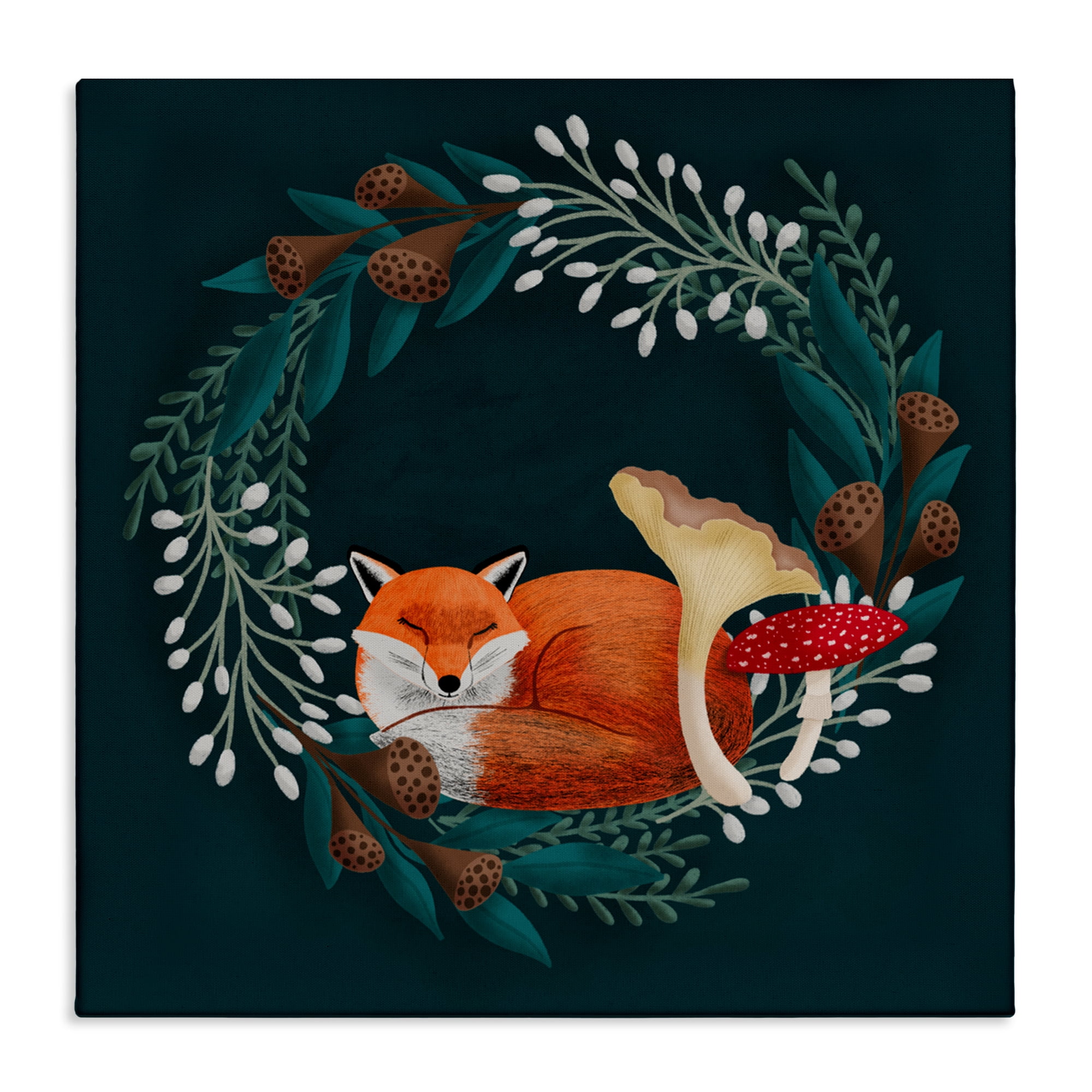 Sleepy Fox in Botanical Wreath Canvas Wall Art, design by Metka Hiti