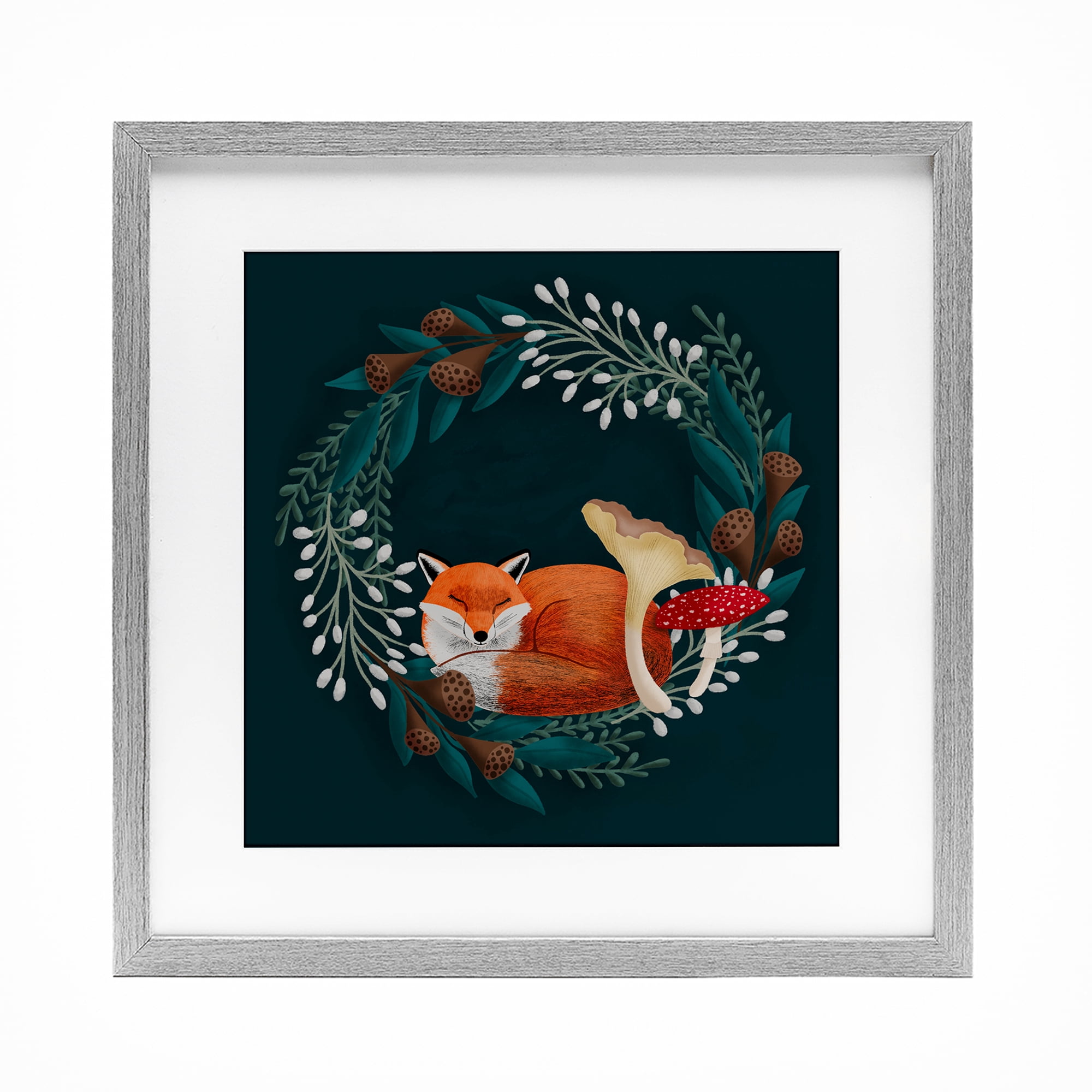 Sleepy Fox in Botanical Wreath Gray Framed Print Under Glass, design by Metka Hiti