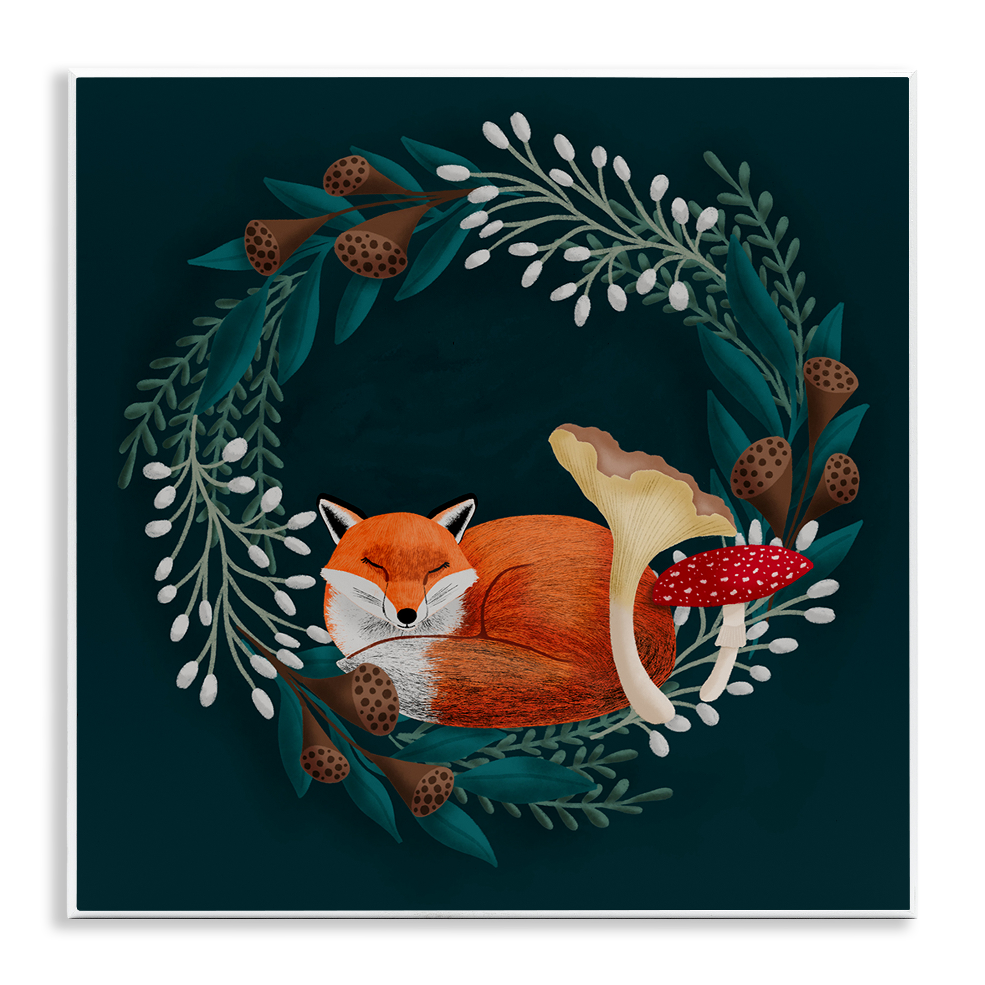 Sleepy Fox in Botanical Wreath Wall Plaque Art, design by Metka Hiti