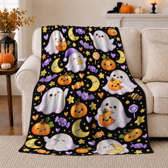 Sleepy Ghosts With Smiling Pumpkins And Moons, Soft Flannel Blanket with Soft autumn celebration Cartoon Print, Housewarming Gift and Home Decor for Bedroom and Living Room