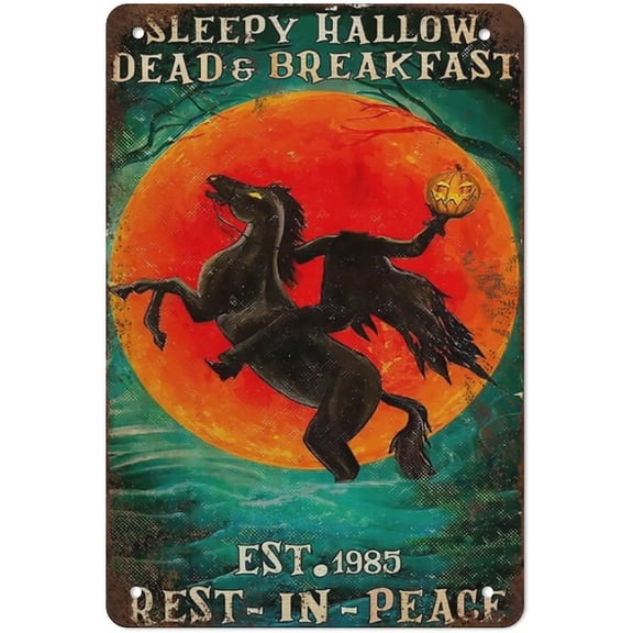 Sleepy Hallow Dead Breakfast Rest in Peace Sign, The Legend of Sleepy Hollow Sign, Headless Horseman Wall Art,Vintage Style Wall Sign Gift for Mom, Dad, Friends Tin Sign 5.5X8 Inch