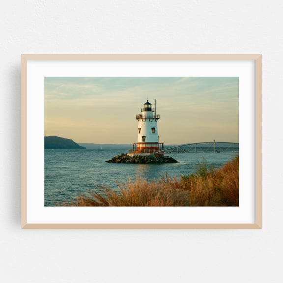 Sleepy Hollow Lighthouse, Tarrytown - Sleepy Hollow New York Photography Lighthouse Coastal Ocean Landscape Harbor Sunset Bridge Oak Framed Wall Art Print 5 x 7 inches