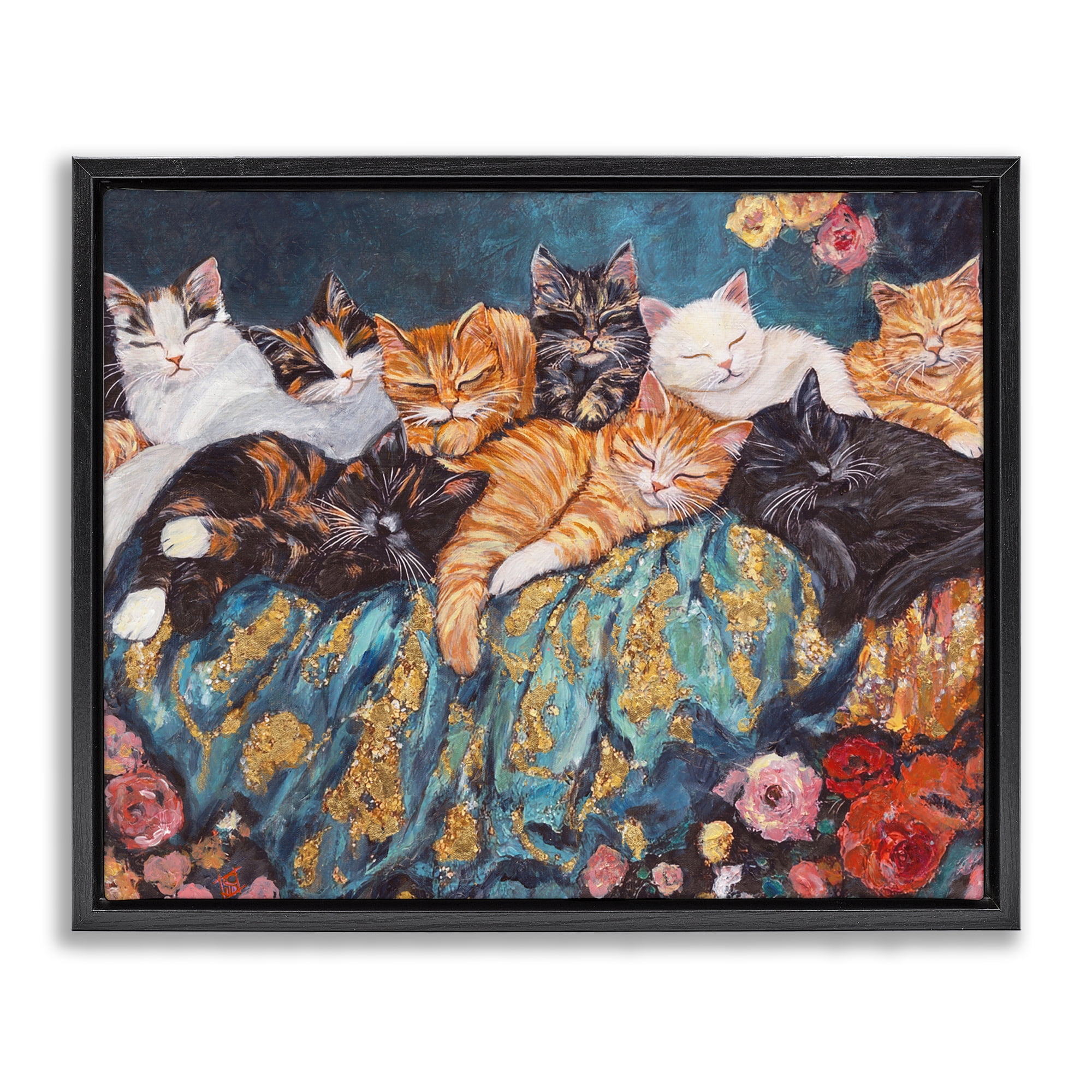 Sleepy Kitty Crowd with Flowers Black Framed Floater Canvas Wall Art, design by Sara Culpepper