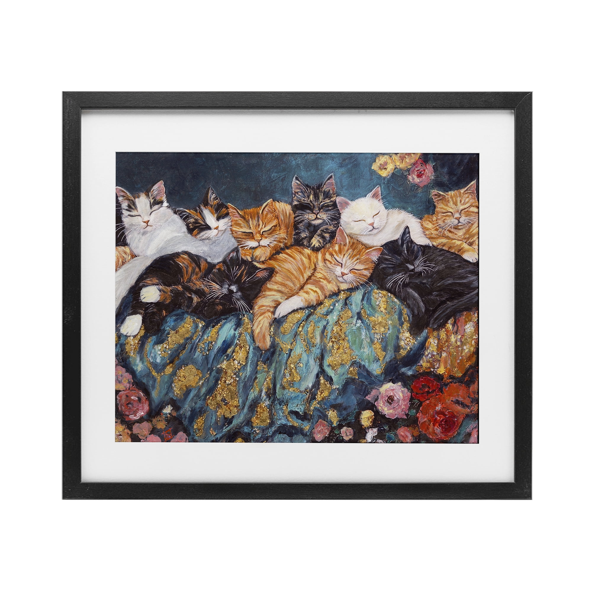 Sleepy Kitty Crowd with Flowers Black Framed Print Under Glass, design by Sara Culpepper