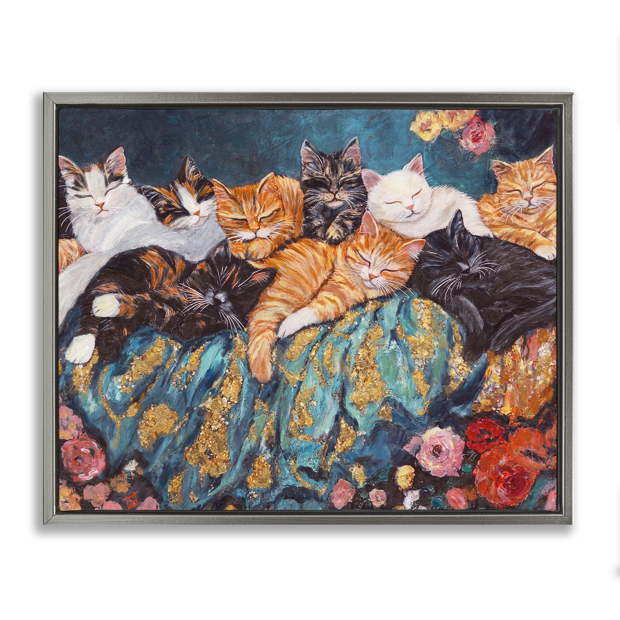 Sleepy Kitty Crowd with Flowers Gray Framed Floater Canvas Wall Art, design by Sara Culpepper