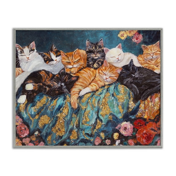 Sleepy Kitty Crowd with Flowers Gray Framed Giclee Art, design by Sara Culpepper