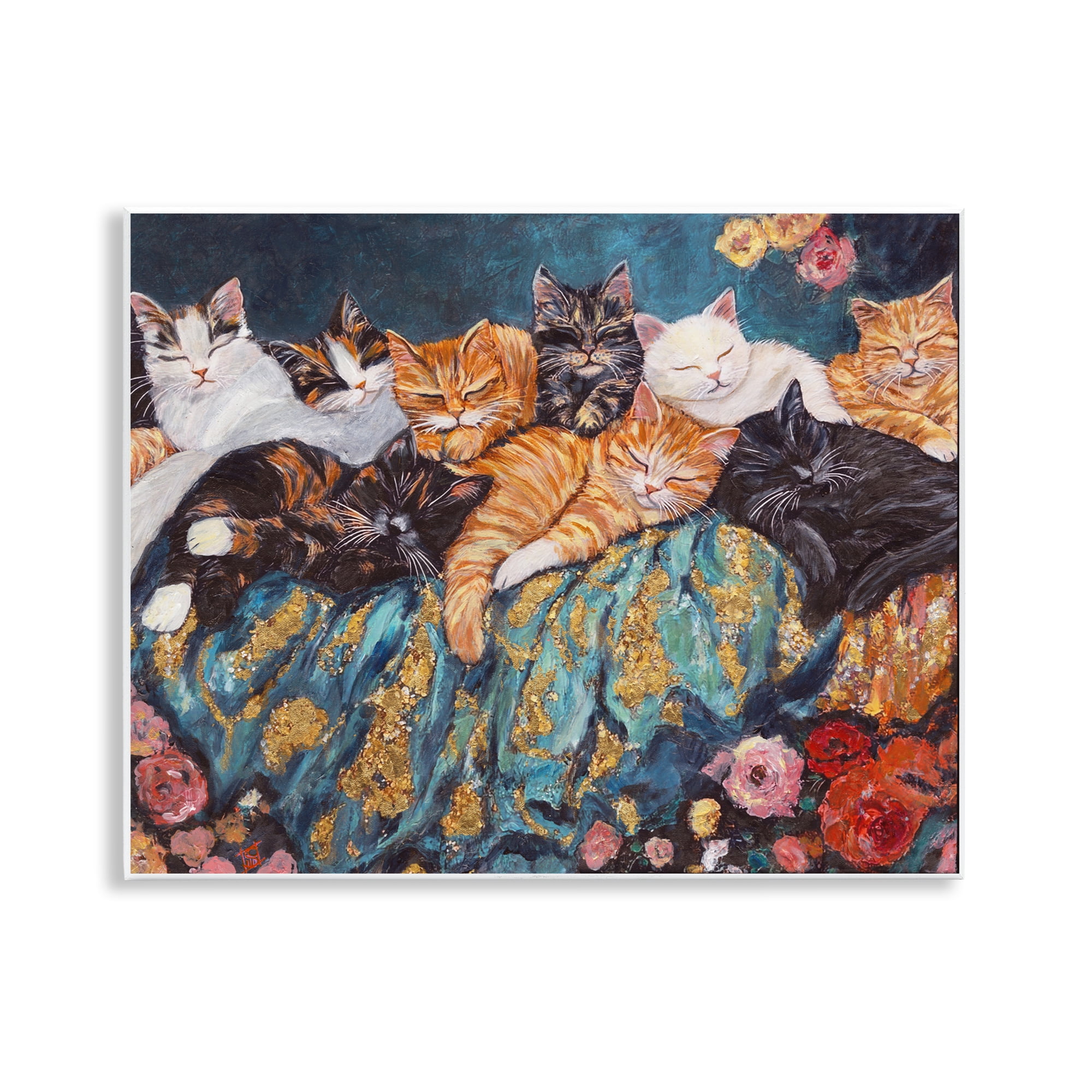 Sleepy Kitty Crowd with Flowers Wall Plaque Art, design by Sara Culpepper