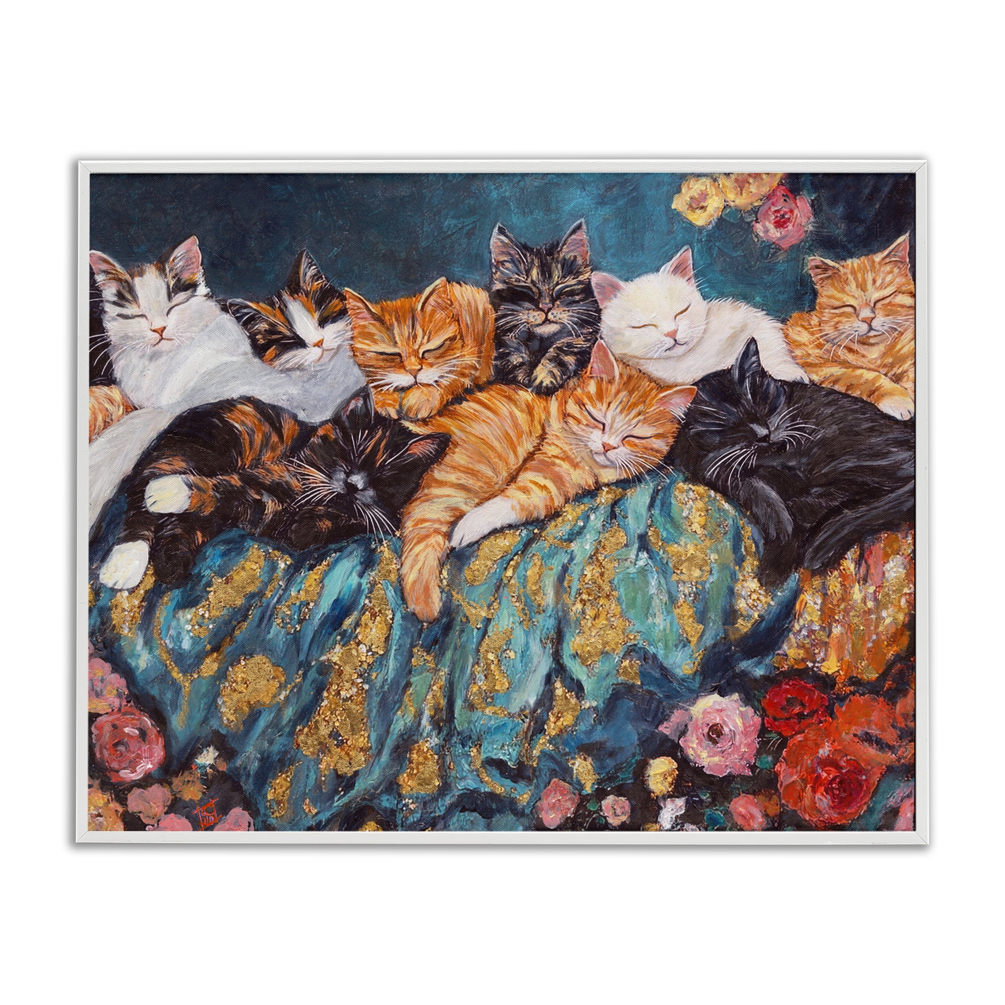 Sleepy Kitty Crowd with Flowers White Framed Giclee Art, design by Sara Culpepper