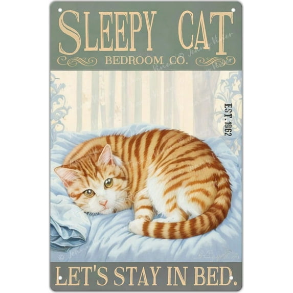 Sleepy Kitty Metal Tin Sign, Cat Tin Art, Funny Metal Tin Sign Home Vintage Art Decor Iron Painting for Bedroom Living Room Dorm Hotel Bathroom Wall Decor 12x16 Inch