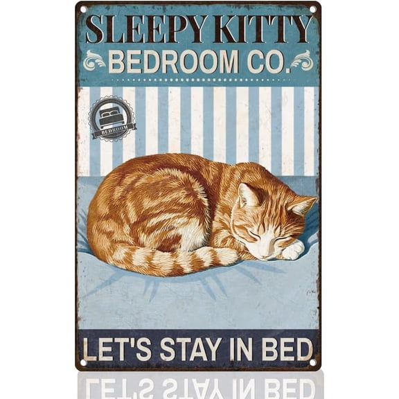 Sleepy Kitty Tin Sign Retro Metal Wall Decor 8" x 12" Cute Sleeping Cat Animal Vintage Wall Art Poster for Home Cafe Room Bathroom Office Kitchen Pub Bar Man Cave Decor Gift