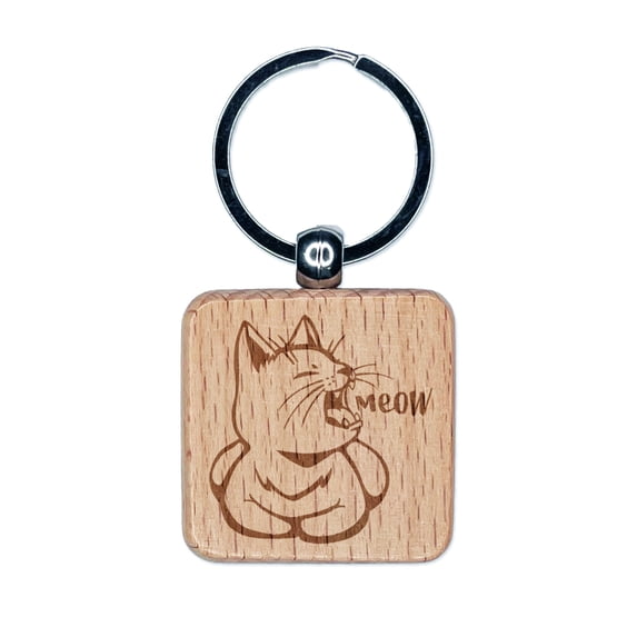 Sleepy Kitty Yawning Meow Square Keychain Charm Tag - Engraved Wood