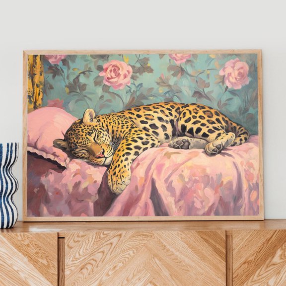 Sleepy Leopard In A Bed, Maximalist Wall Art, Wild Animal Art, Maximalist Wall Art, Colorful Art, Modern Art, Apartment Art Wall Art, Modern Wall Decor, 12x18 UNFRAMED