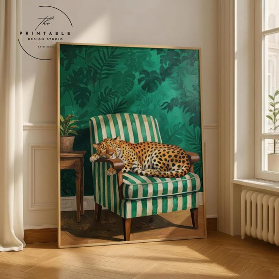 Sleepy Leopard Emerald Green Maximalist Animal Decor Wall Art