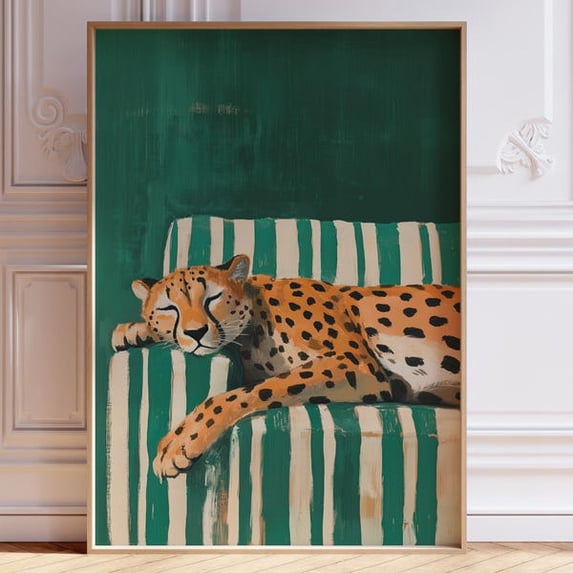 Sleepy Leopard Poster Cheetah Wall Art Maximalist Home Decor Emerald Green Modern Art Contemporary Art Trendy Leopard Print Printable Art, Unframed Paper Poster 8x10in