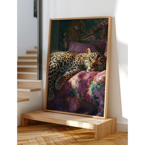 Sleepy Leopard In A Vintage Bed Print, Pink Maximalist Wall Art, Jungle Bedroom Decor - Boho Wall Art - Eclectic Decor Wall Art, Modern Wall Decor, 8x12 UNFRAMED