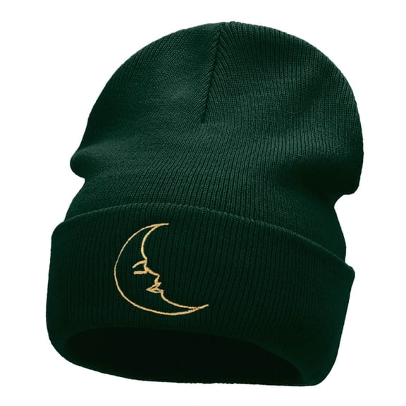 Sleepy Moon Embroidered Long Knitted Beanie - Dk Green OSFM