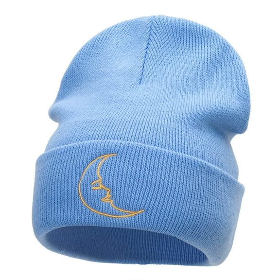 Sleepy Moon Embroidered Long Knitted Beanie - Sky Blue OSFM