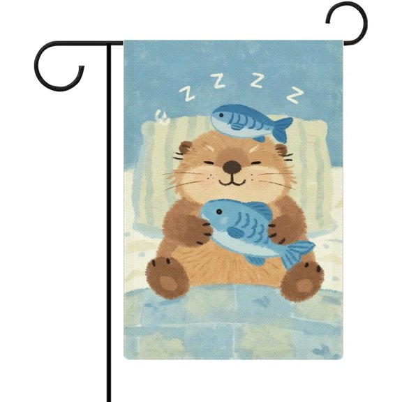 Sleepy Otter with Fish Toys Garden Flag 12 X 18 Inch Double Sided Outside Outdoor Decoration
