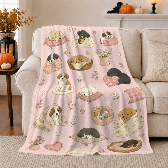 Resting Puppies In Baskets With Pillows And Flowers for Dog Lovers, Soft Sentimental Puppy Illustration Home Decor for Bedroom and Living Room, Pet Adoption Gift with Flannel Blanket