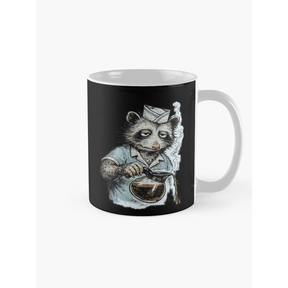 Sleepy Raccoon Diner Server Pouring Coffee Black and Blue Ceramic Coffee Mug, 11oz, Full-Wrap Artwork