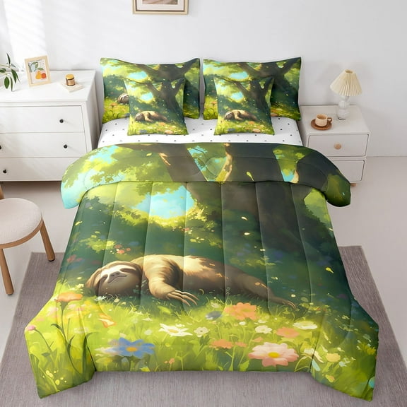 Sleepy Sloth Bedding Comforter Sets 7pcs Cartoon Wildlife Bed in a Bag, Woodland Animal Twin Bedding Sets Botanical Plants Comforter Set, Watercolor Floral Flower Bedding Sets & Collections