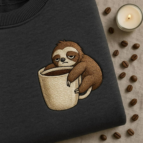 Sleepy Sloth Embroidered Sweatshirt, Funny Coffee Lover Apparel, Cute Tired Sloth Hugging Coffee Mug Crewneck, Tired Animal Shirt