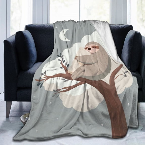 Sleepy Sloth Nap Throw Blanket, Celestial Moon & Stars Art, Soft Flannel Fleece for Sofa Bed, Modern Home Decor 50x40