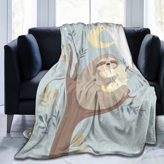 Sleepy Sloth Nap Throw Blanket, Celestial Moon & Stars Art, Soft Flannel Fleece for Sofa Bed, Modern Home Decor 50x40