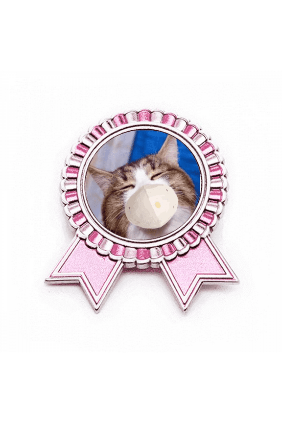 Sleepy Squinting Head Pet Cat Face Badge Brooch Pin Pink Winner Award Medal