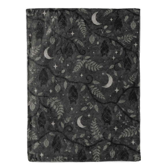 Sleepy Throw Blanket with Bat Branch Fern Berry Lantern Moon Star, Cozy Halloween Gifts for Kids Who Love Hanging Bats Glowing Lights Leaves and Quiet Forest Nights