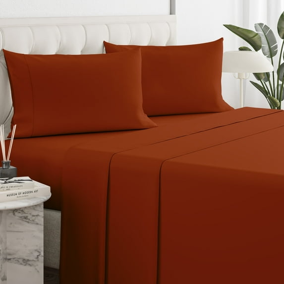 Sleepy Town Bed Sheets Set, Soft & Wrinkle Free Microfiber 4 Piece Queen Sheet Set Deep Pocket, Terracotta