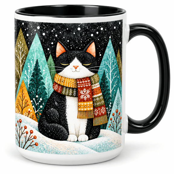 Sleepy Tuxedo Cats with Snowflake Rosettes Folk Mug Wrap, 11oz Accent Coffee Cup, Winter Cat Gift