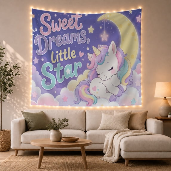 Sleepy Unicorn on Pastel Clouds Beneath Crescent Moon, Cozy Illustration for Unicorn Lovers, Night Sky Decor, Birthday Gift, Tapestry Wall Hanging for Bedroom and Dorm