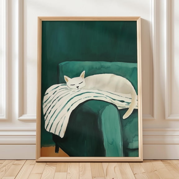 Sleepy White Cat Art Print, Relaxing Cat Wall Art, Cat Lover Gift, Green And White Aesthetic Print, Cute Pet Portrait Wall Art, Modern Wall Decor, 12x18 UNFRAMED