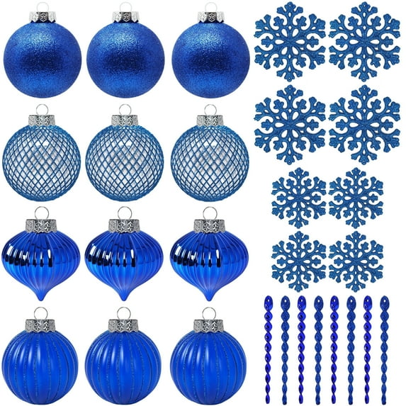 SLEETLY 28pk Blue Ornaments for Christmas Tree Holiday Xmas Decorations, Shatterproof Plastic 3.15 Balls, Icicles and Snowflakes