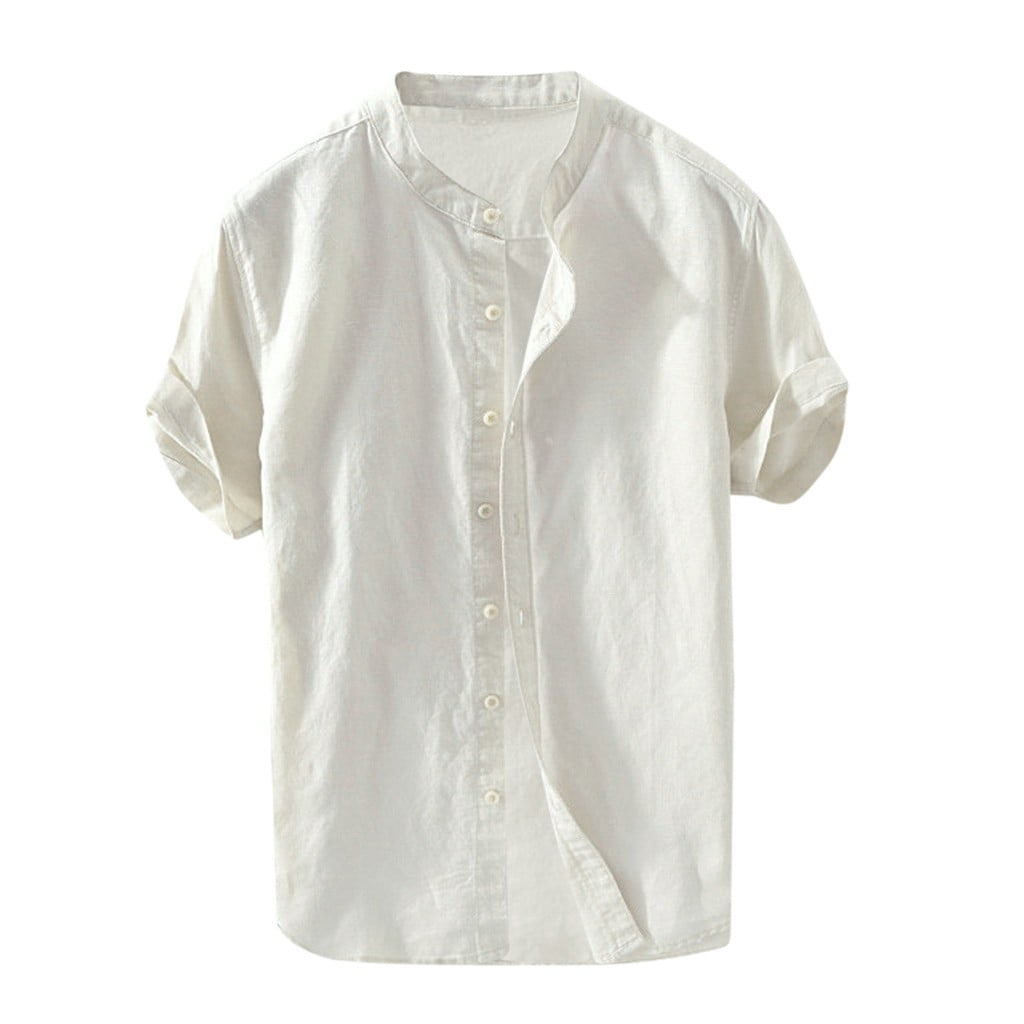 Sleeve Baggy Shirts Short Linen T Tops Button Men's Retro Solid Cotton ...