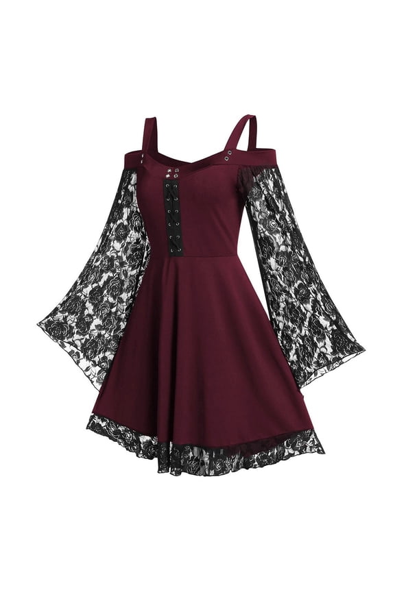 Sleeve Cold Dress Sling Fashion Flare Up Shoulder Women Lace Insert Corn Plus Size Dress Women Dresses with Leather Detail